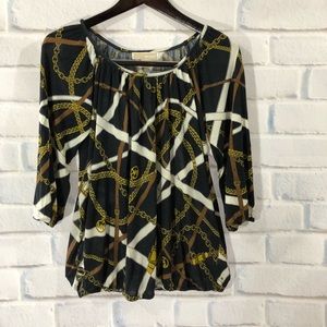 Michael Kors Belt and Chain Pattern Top. Size Small. Black Brown Cream